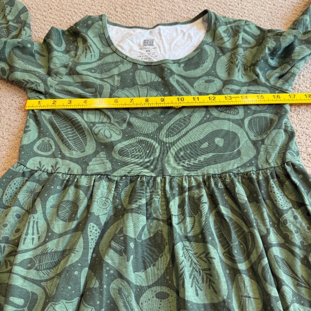 Winter Water Factory Dress Copenhagen Green Fossil Print LS Organic Cotton XS - Picture 9 of 16